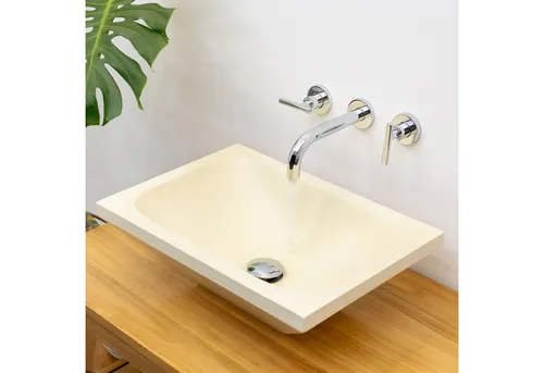 wohnfreuden Aufsatzwaschbecken Terrazzo TMO 03 in sehr hellem Gelb, 50 cm - Waschbecken aus langlebigem Terrazzo, handgefertigt und einzigartig. Ideal für moderne Badezimmer mit elegantem Design und einfacher Pflege.