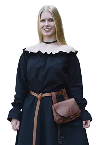 Battle-Merchant Mittelalter Langarm Carmenbluse aus Baumwolle für Damen | schulterfreie langärmlige Boho Bluse S-XXL | Halloween Karneval Kostüm (Schwarz, XXL)