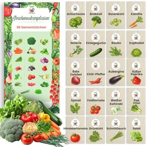 TORAF Gemüsesamen Set 20 Ausgesuchte Sorten – Premium Saatgut für Garten, Balkon, Hochbeet - Leicht anzubauen - Ideal für Anfänger und Gartenliebhaber - für Frische Ernte zu Hause - Geschenkset