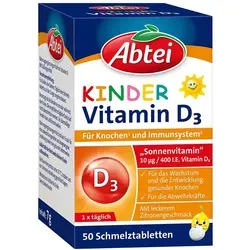 Abtei Kinder Vitamin D3 Schmelztabletten - Nahrungsergänzung für Kinder ab 4 Jahren, unterstützt Wachstum und Knochenentwicklung mit leckerem Zitronengeschmack.