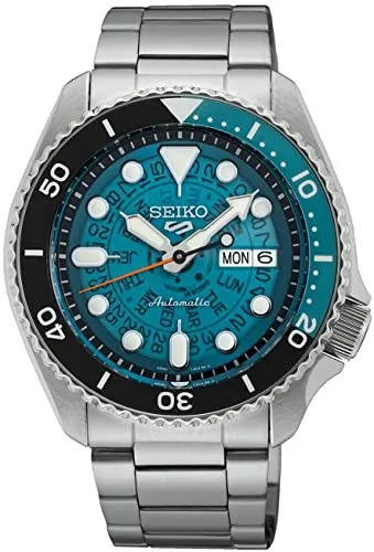 Seiko 5 Sports SRPJ45K1 Herren Automatikuhr - Silber/Türkis - Herrenuhren mit Automatikwerk und einzigartigem Design. Wasserdicht bis 10 bar, mit drehbarer Lünette und leuchtenden Zeigern für beste Sichtbarkeit.