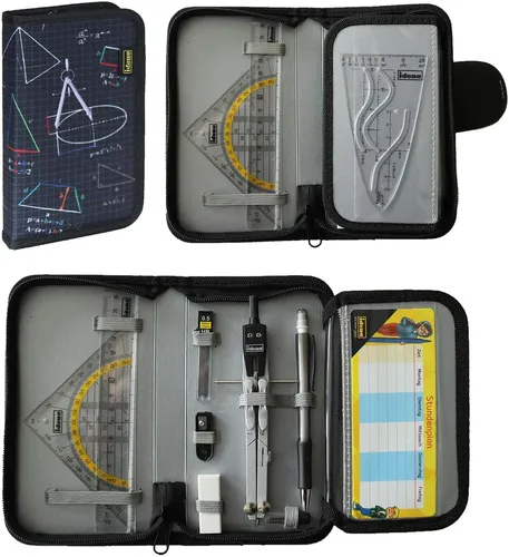 Idena Geometrie-Set 20066 Zirkeletui, 11-teilig, Zirkel, Lineal, Geodreieck und Parabel, in Tasche