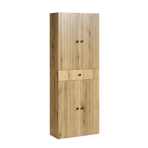 trendteam smart living PureBliss Hochschrank breit - Evoke Eiche - Eleganter Badschrank in Rillenoptik mit 1 Schublade und 4 Einlegeböden, ideal für platzsparende Stauraumlösungen in kleinen Badezimmern.