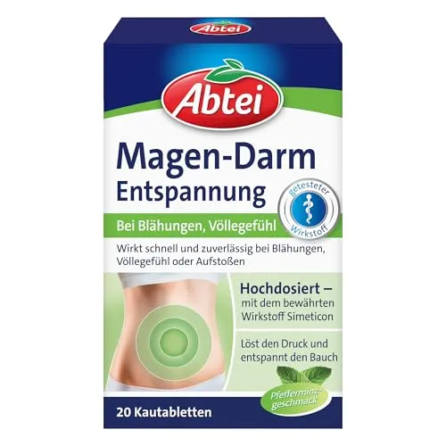Abtei Magen Darm Entspannung Kautabletten - 20 Stück - Medikamente bei Verdauungsstörungen & Übelkeit - Hochdosierte Kautabletten mit Simeticon für sofortige Linderung bei Blähungen und Völlegefühl, erfrischend im Pfefferminzgeschmack.