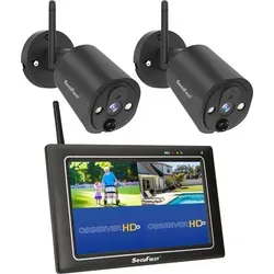 SecuFirst 2K Überwachungskamera Aussen mit Innen Monitor - Überwachungskamerasystem mit 7" Touchscreen, 2 wetterfesten Kameras und KI-Bewegungserkennung - ideal für die Sicherheit von Zuhause und Gewerbe, ohne WLAN erforderlich.