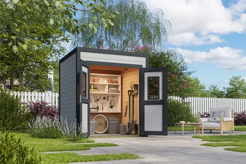 Gartenhaus Outdoor Life Felix 1 – 200 x 207,4 cm hellgrau - Gartenhäuser, Geräteschuppen & Carports – Modernes Flachdach-Design aus hochwertigem Holz, ideal für die Aufbewahrung und Gestaltung Ihres Gartens.