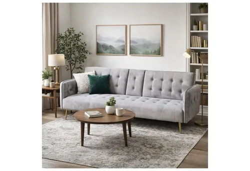 Couch mit Becherhalter und Bettfunktion - Velvet Grau - Praktisches Schlafsofa mit klappbarem Becherhalter und weichem Velvet-Bezug. Ideal für Komfort und Platzersparnis, mit stabiler Polsterung und modernen Metallfüßen für einfaches Reinigen. Maße: 196 x 78 x 81 cm.