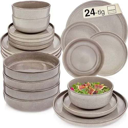 SÄNGER Kairo Clay Tafelservice 24-teilig - Elegantes Steingut Geschirr Set für 6 Personen mit 6 Speise-, Dessert-, Pastatellern und Schalen in stilvollem Grau. Handgefertigte Qualität für rustikale Eleganz und Alltagstauglichkeit.
