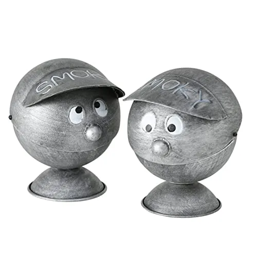 ReWu Sturmaschenbecher Smoky Kugelform Gesicht Kopf aus Eisen - Mit Klappdeckel - Farbmix Grau Gewischt Aschenbecher Ascheeimer Zigarettenmülleimer Rauchzubehör Höhe: 16 cm