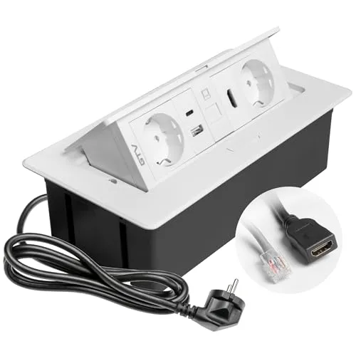 GTV Einbausteckdose MULTISOFT weiß mit USB C, RJ45 und HDMI - Multifunktionale Einbausteckdose mit 2x Schuko, USB A+C, RJ45 und HDMI 2.0 – ideal für moderne Arbeitsplätze. Versenkbar für Ordnung und Komfort in Büro, Konferenzraum oder Zuhause.