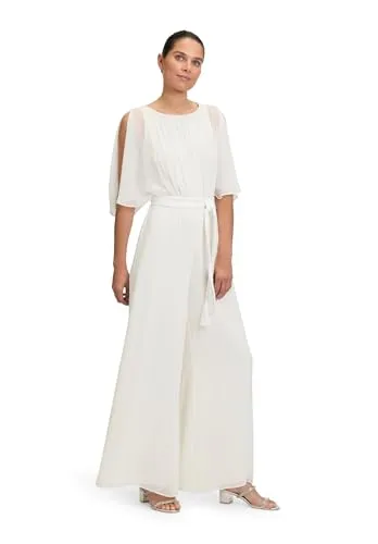 Vera Mont Damen Jumpsuit mit Bindegürtel in Rohweiß, Größe 44 - Eleganter Jumpsuit aus leichtem Chiffon für stilvolle Auftritte. Raffinierter Rundhals-Ausschnitt und halbarmige Ärmel sorgen für ein luftiges Design. Praktische Reißverschlussöffnung und fließende Silhouette – perfekt für festliche Anlässe.