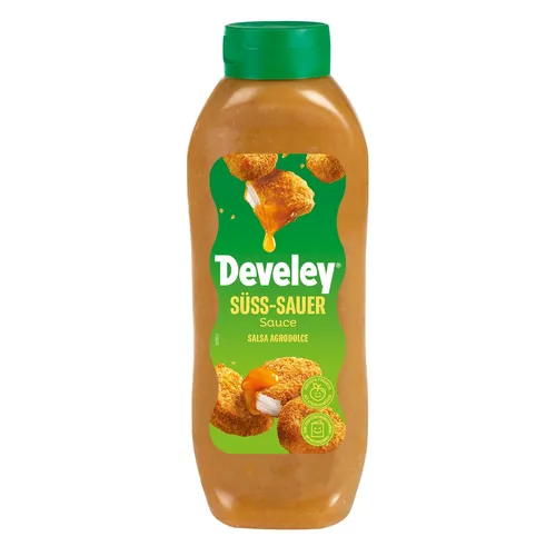 Develey Süß-Sauer Sauce – 875 ml Flasche – Exotisch-fruchtiger Dip - Genießen Sie den exotischen Geschmack der Develey Süß-Sauer Sauce mit Aprikose und Essig. Ideal als Dip für Frühlingsrollen, Pommes oder zu asiatischen Gerichten – vegan und vielseitig einsetzbar!