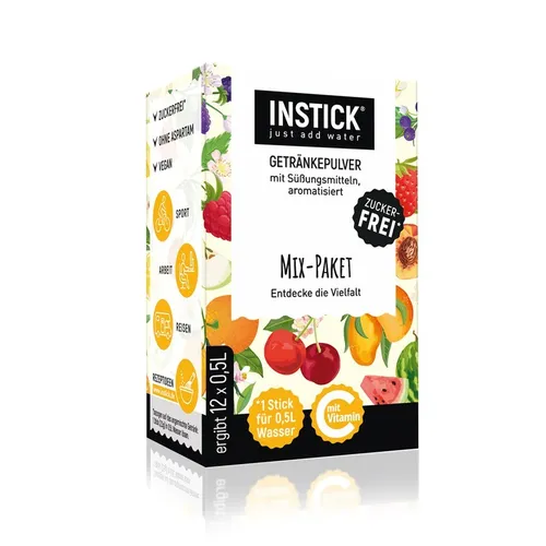 INSTICK Mix-Paket für 12 x 0,5 L - Zuckerfreies Instant-Getränk - Energy Drinks - 12 Sticks für je 0,5 L, einfach unterwegs anzumischen. Ideal für Schule, Sport und Reisen. Zuckerfrei und vegan, für eine leckere Erfrischung ohne Reue!