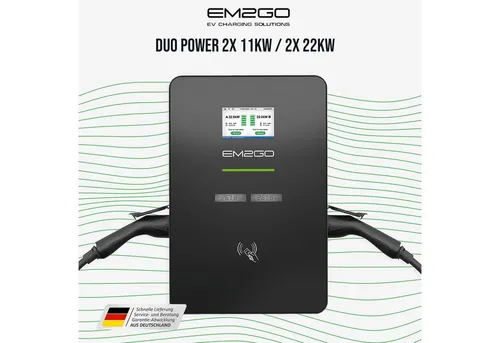 AC 44kW Wallbox Duo Power 2x 22kW Steckdose - Intelligente Wallbox für E-Fahrzeuge mit 2x 22kW, ermöglicht schnelles Laden von zwei Fahrzeugen gleichzeitig und bietet umfangreiche Steuerungsoptionen über das becharged Dashboard.