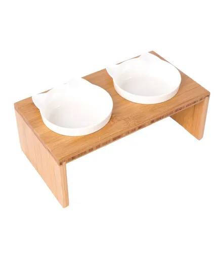 Dehner Lieblinge Doppel-Katzennapf aus Melamin, 27 x 15 x 9 cm - Stylischer Doppel-Katzennapf mit zwei bruchsicheren Melaminschalen und einem praktischen Bambusgestell. Ideal für eine angenehme Fütterungshöhe und einfache Reinigung in der Spülmaschine.