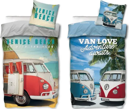 VW Bulli Bettwäsche-Set - 2 x 135x200 & 80x80, Strand Beach Design - Bettwäschen im VW Bulli-Style, aus 100% Baumwolle in Renforcé-Qualität, temperaturausgleichend und atmungsaktiv für besten Schlafkomfort. Ideal für Fans der legendären VW-Busse!