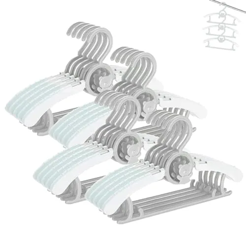 HGYZE Babykleiderbügel Antirutsch 20 Stück, 29-37cm Ausziehbare Kinderkleiderbügel mit Hosenständer, Kunststoff & Stapelbare Mitwachsende Hangers Ideal für Strampler und Kinderbekleidung, Grau + Weiß