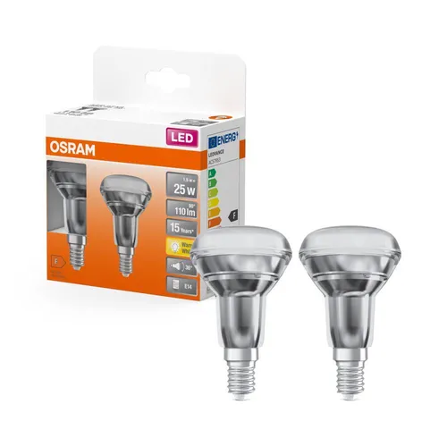 Osram LED STAR Reflektorlampe R50, 2er Set, warmweiß, E14, 1,5 W - Hochwertige Osram LED Reflektorlampe R50, 1,5 W, E14, warmweißes Licht (2700 K) mit 15.000 Stunden Lebensdauer. Ideal für Vitrinen und Wohnräume, sofortige Lichtleistung ohne Aufwärmzeit.