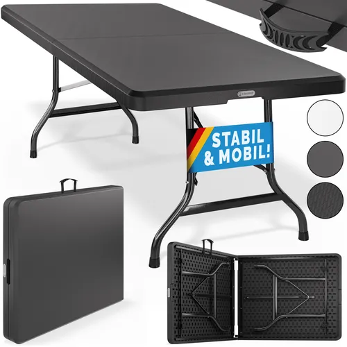 CASARIA Klapptisch 109614, rechteckig, schwarz 180 x 72 x 74cm - Platzsparender Klapptisch für bis zu 8 Personen, ideal für Innen- und Außenbereich. Witterungsbeständiger HDPE-Kunststoff und praktische Kofferfunktion mit Tragegriff.