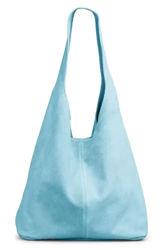 Caspar Damen Wildleder Hobo Bag Shopper - CLASSIC LINE - Modell No.767 - Made in Italy, hellblau - Elegante Hobo Bag aus echtem italienischem Wildleder, ideal für Alltag und Freizeit. Großzügiger Stauraum für A4-Ordner und praktische Innentasche mit Zipper für Wertsachen. Handgefertigte Qualität aus der CLASSIC LINE.
