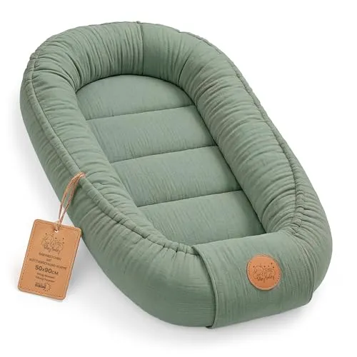 Musselin Babynest Nestchen Baby 90x50 cm - Babynestchen Neugeborene Nest für Kinder Bett und Babybett tragbar Kuschelnest Coccon für Jungen und Mädchen Baumwolle Salbeifarbe
