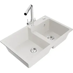 Mexen Tomas 2-Becken-Granitspüle mit Mischbatterie Duero, Weiß - Sanitäranlagen & Zubehör, elegante 2-Becken-Granitspüle mit Chrom-Mischbatterie für stilvolle Küchen und optimale Funktionalität.