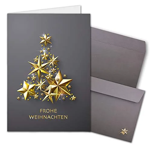 NEUSER PAPIER 50x Weihnachtskarten-Set DIN A6 in Grau mit goldenem Weihnachtsbaum aus Sternen - Faltkarten mit passenden Umschlägen - Weihnachtsgrüße für Firmen und Privat
