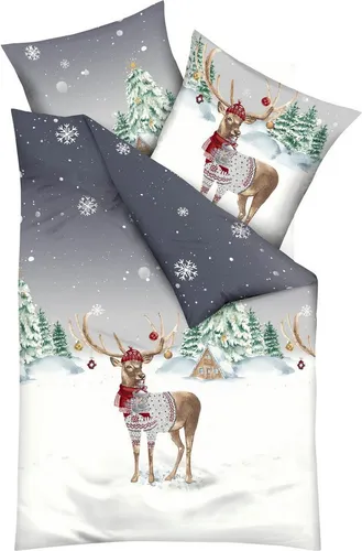 Kaeppel Biber Bettwäsche 155x220 Weihnachtshirsch - Bettwäsche-Set aus 100 % Baumwolle, hautfreundlich und kuschelig weich. Ideal für den Winter mit flauschigem Feinbiber-Flor, einfach zu beziehen dank Reißverschluss.