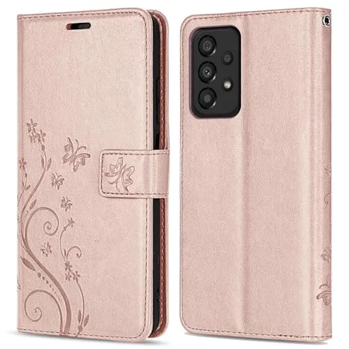 betterfon Hülle Kompatibel mit Samsung Galaxy A33 5G | Premium PU Leder Handyhülle Wallet Case für Galaxy A33 5G | Schutzhülle Blumen Klapphülle Handyhülle | Rosegold