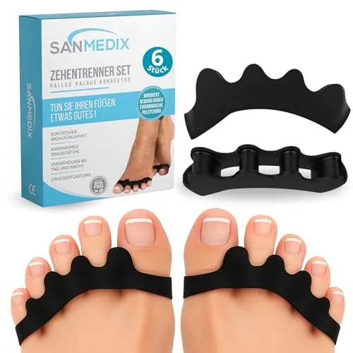 Sanmedix Zehenspreizer für alle Zehen - 3 Paar / 6 Stk. Zehentrenner Silikon, Hallux Valgus, 0% BPA Zehenstrecker für überlappende Zehen, Toe Spacer
