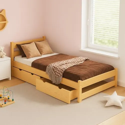 MEBLE WRÓBEL Kinderbett 90x180 cm mit 2 Schubladen - 🌙 Montessori Kinderbett aus robustem Kiefernholz, ideal für Selbstständigkeit und Bewegungsfreiheit. Mit zwei praktischen Schubladen für mehr Ordnung im Kinderzimmer – perfekt für den täglichen Einsatz.
