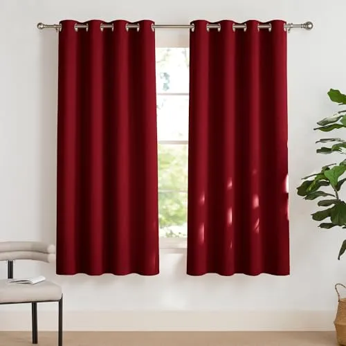 PONY DANCE Verdunkelungsvorhänge Kurz Gardinen Wohnzimmer mit Ösen 2er Set H 175 x B 140 cm Rot, Thermo Vorhänge gegen Hitze Blackout Curtains for Bedroom/Living Room