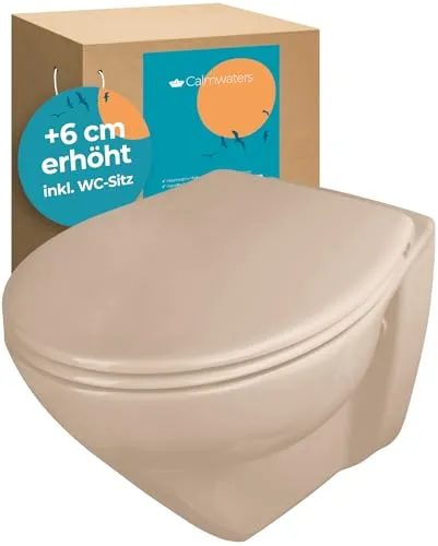 Calmwaters® Erhöhtes Wand WC spülrandlos Modern Plus - Toilette mit +6 cm Erhöhung, spülrandlos für maximale Hygiene, inklusive abnehmbarem WC-Sitz mit Absenkautomatik, ideal für barrierefreien Einbau und komfortable Nutzung.