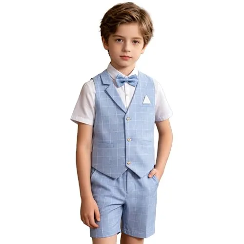 LOLANTA 4 STK Kleinkind Junge Sommerhochzeit Kinderanzug, Festliche Anzüge Westen Set für Kinder, Sommerlicher Jungen Anzug, Blau, 134-140 (Tag 140)