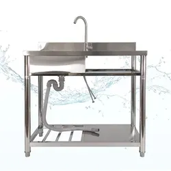 Freistehender Spültisch mit Wasserhahn, Edelstahl L - Edelstahlmöbel für Küche und Gastronomie, langlebig und rostbeständig. Mit Kalt- und Warmwasseranschluss für individuelle Wassertemperatur und praktische Ablagefläche für effizientes Arbeiten.