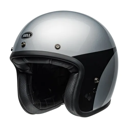 BELL Custom 500 Jet Helm für Cafe Racer - Motorradhelm im stilvollen glänzenden Schwarz-Silber, ideal für Cafe Racer-Fans. Leicht und aus hochwertigem Fiberglas, bietet er sowohl Komfort als auch Sicherheit nach ECE 22.06.