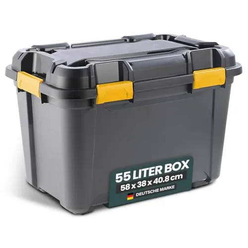 Kreher® Lagerbox Bunker Tough 55L - Aufbewahrungsbehälter mit Deckel, extrem robust und IP67-zertifiziert – ideal für feuchte Räume, Werkstatt und Outdoor-Aktivitäten. Hergestellt aus 90% recyceltem Kunststoff.