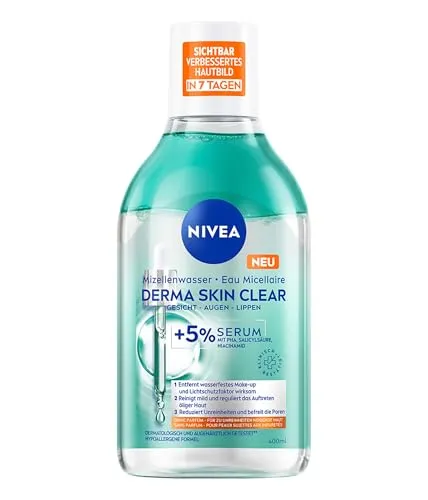 NIVEA Derma Skin Clear Mizellenwasser(400 ml), sanfte Gesichtsreinigung mit Niacinamid, Make-up Entferner für effektive Reinigung