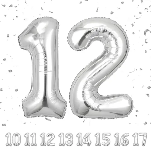 Geburtstag zahlen luftballon 12 jahre | Folienballon Sliber- Folienballon in 40"-101cm Geburtstagsdeko - Ballon Zahl Deko zum Geburtstag fliegt mit Helium für Mädchen Junge 12.Geburtstags