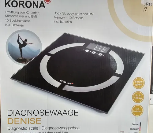 Korona 73500 DENISE Digitale Diagnosewaage - Personenwaage mit 180 kg Tragkraft, misst Körperfett, Wasser und Muskelanteil – ideal für Sportler und Gesundheitsbewusste. 10 Speicherplätze für die ganze Familie!