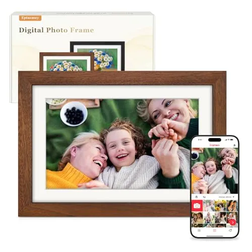 Frameo Digitaler Bilderrahmen WLAN 10.1 Zoll Walnussholz Elektronischer Bilderrahmen mit 32GB, 1280 * 800 HD IPS Touchscreen, Fotos/Videos Teilen über Frameo APP, Geschenk für Männer und Frauen