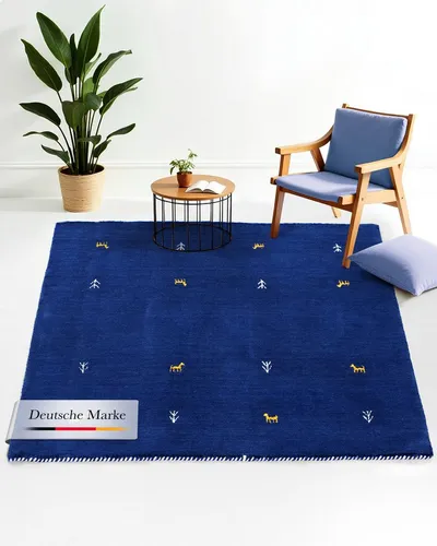 carpetfine Wollteppich Gabbeh Uni Quadratisch Blau 120x120 cm - Teppiche - Hochwertiger Wollteppich, langlebig und pflegeleicht, ideal für Wohn- und Schlafzimmer mit Fußbodenheizung.