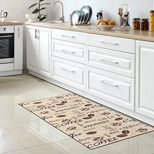 CARPETIA Küchenteppich Coffee Cappucino 80 x 150 cm - Waschbarer, rutschfester Küchenläufer in Beige und Braun, der pflegeleicht und strapazierfähig ist. Ideal für stark frequentierte Küchen und sorgt für eine hygienische Umgebung.