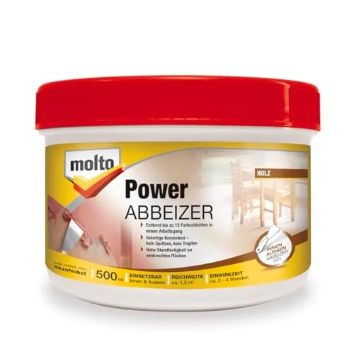 Molto Power-Abbeizer 500 ml - Effektiver Lackentferner - Innen- & Außenfarben, leistungsstarker Farbablöser für Holzoberflächen, ideal zum Renovieren und Entfernen von Lacken und Beizen.
