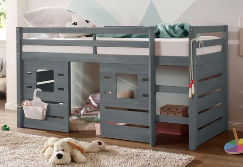 Hochbett LÜTTENHÜTT "Alpi" grau, B:103cm H:111cm - Kinderzimmermöbel aus FSC®-zertifiziertem Kiefernholz, inklusive Leiter und Panel, pflegeleicht und ideal für kreative Kinderzimmergestaltungen