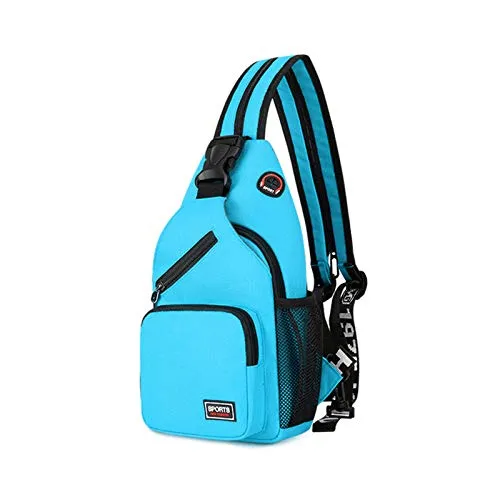 FANDARE Damen Brusttasche Klein Rucksack mit Kopfhörerloch Sling Bag Mädchen Schultertasche Crossbody Umhängetasche Reisen Wandern Sport Daypack Dauerhaft Polyester Blau