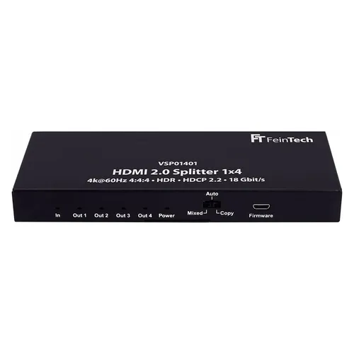 FeinTech VSP01401 HDMI 2.0 Splitter 1 auf 4 Verteiler - Audio & Video Verteilerkästen, verteilt eine HDMI-Quelle auf 4 Displays mit Unterstützung für Ultra-HD 4K und HDR, ideal für Heimkinos und professionelle Anwendungen.