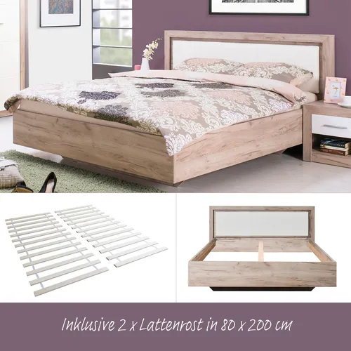 Homestyle4u Holzbett 160x200 cm - Elegantes Doppelbett mit Lattenrost - Moderne Betten für jeden Raum: Das Holzbett in grauer Eichenoptik mit weißem Kunstlederkopfteil bietet Komfort und Stil. Ideal für Schlafzimmer, Jugendzimmer oder Gästezimmer, inklusive Rolllattenrost.