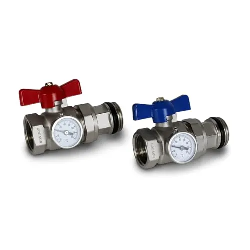 ganz24 Fußbodenheizung Kugelhahn-Anschluss-Set 1" mit integriertem Thermometer - Kugelhahn-Anschluss-Set für Fußbodenheizung – ermöglicht präzise Temperaturkontrolle und zuverlässige Absperrung von Vor- und Rücklauf. Ideal für Heizkreisverteiler und einfache Montage.