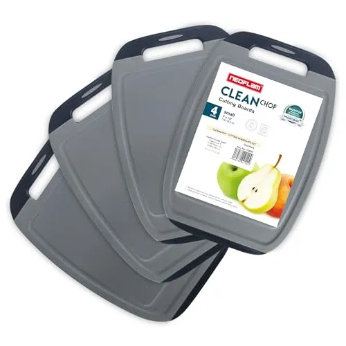 NEOFLAM® BiJu Antibakterielles Frühstücksbrettchen Set, 4tlg. - Grau/Schwarz - Schneidebretter aus BPA-freiem Kunststoff mit Soft-Grip-Kanten, rutschfest und antibakteriell dank Microban® - ideal für hygienisches Kochen.